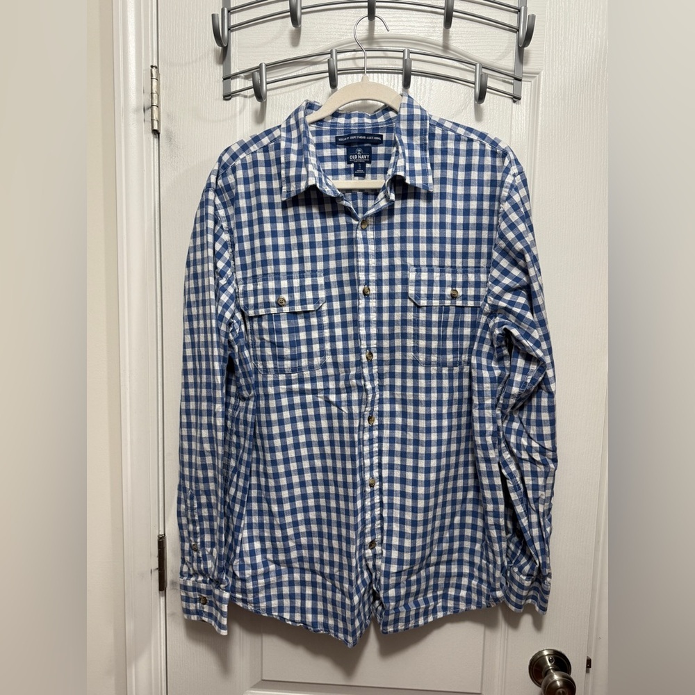 Old‎ Navy Men's XL Button Down Shirt Blue White Gingham Check Cottagecore Preppy